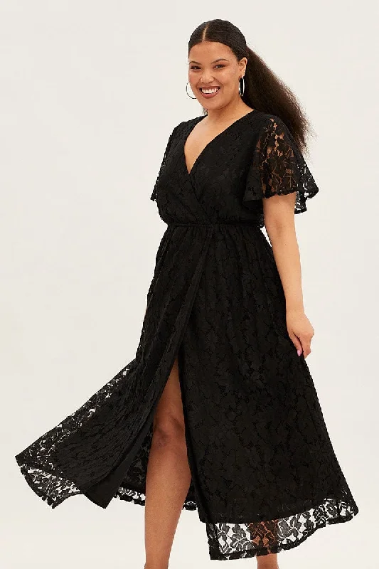 The Best Deals Won’t Wait!Black Maxi Dress Short Sleeve V-neck Lace