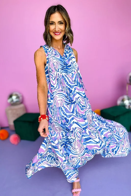 Buy More, Pay Less!Blue Watercolor V Neck Sleeveless Tiered Maxi Dress