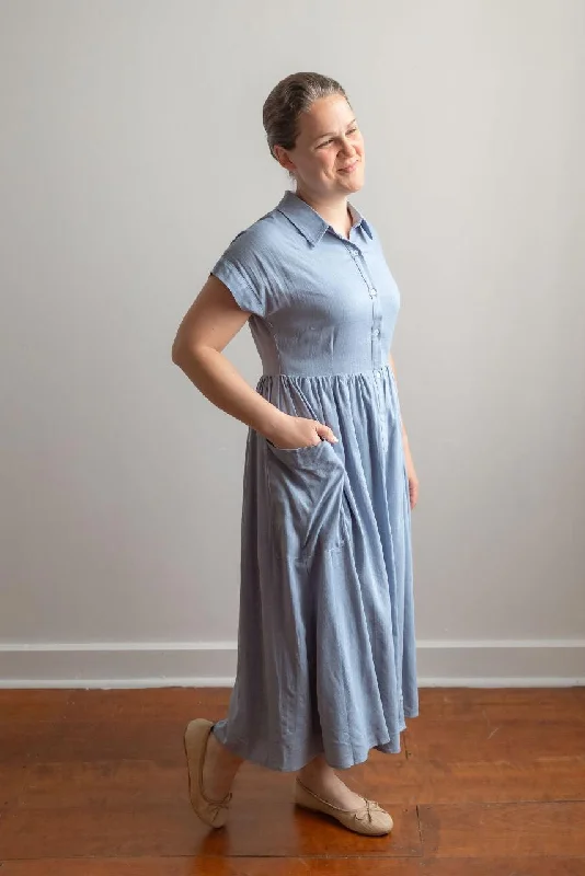 Price Drops You’ll Love!Constance Button Midi Dress in Denim Blue - FINAL SALE