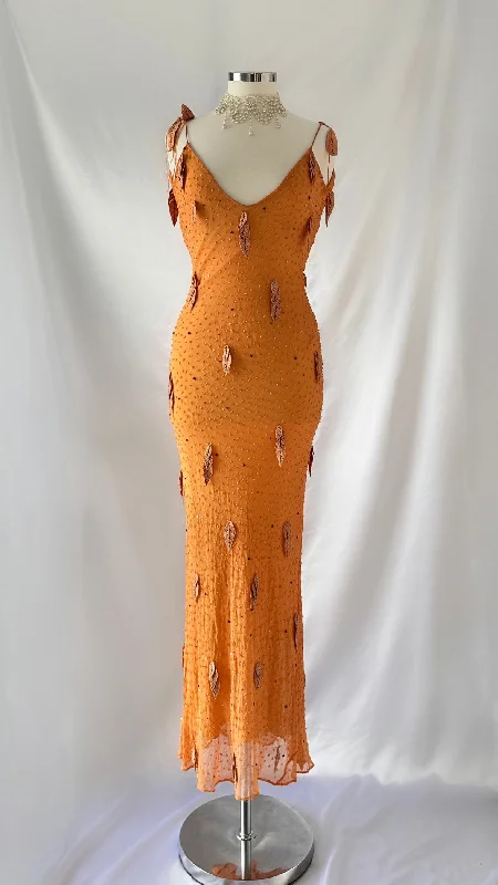 Best Price of the Season!Ethereal Amber Maple Embellished Leaf Appliqué Low Back Gown (S/M)