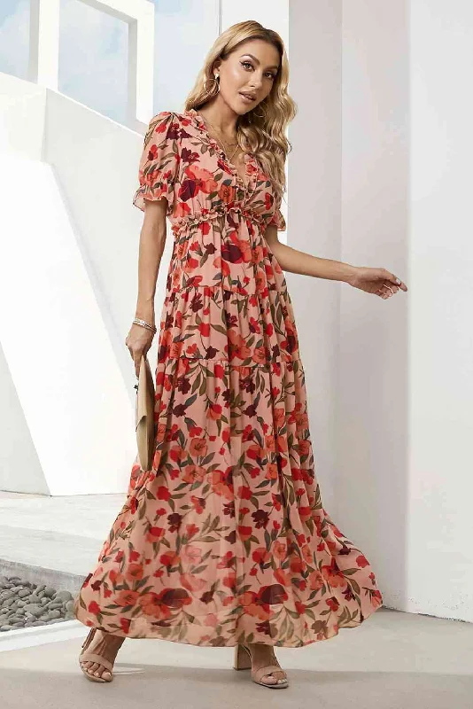 Everything Must Go!Floral V-Neck Short Flounce Sleeve Dress