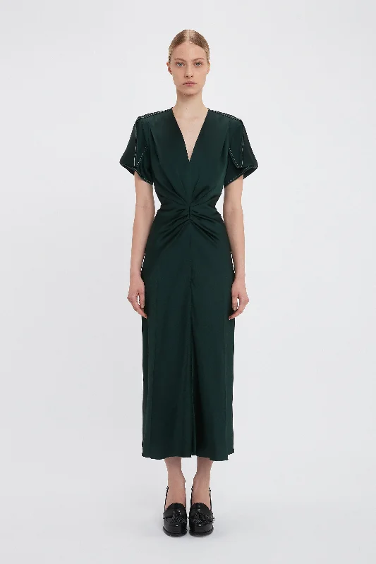 Great Deals, Just for You!Gathered V-Neck Midi Dress In Seaweed
