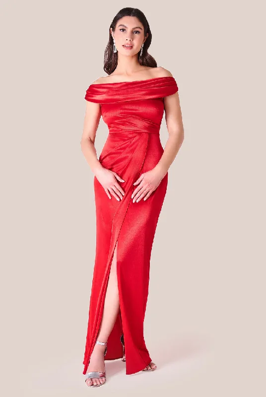 Mega Sale Happening Now!Goddiva Cowl Bardot Satin Twill Maxi Dress - Red