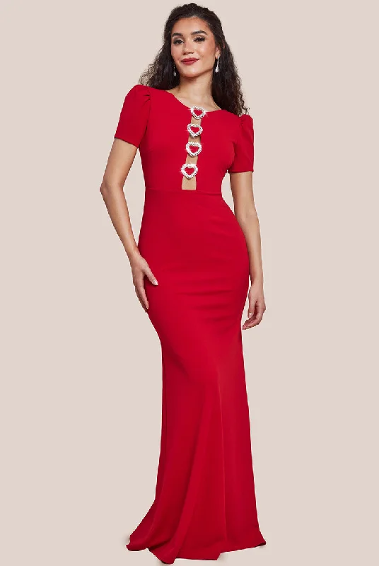 Flash Deals – Act Quickly!Goddiva Diamante Embellished Heart Brooch Scuba Maxi Dress - Red