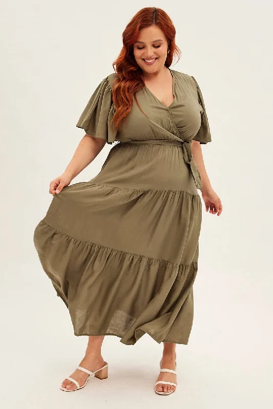 Your Dream Deal is Here!Green Maxi Dress Short Sleeve V-neck Tiered