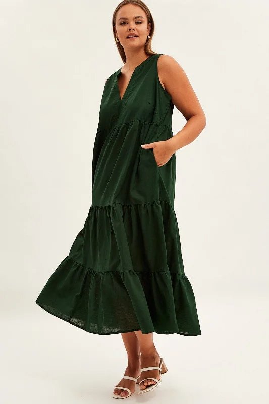 Biggest Sale of the Season!Green Maxi Dress Sleeveless Tiered Linen Blend