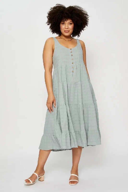 Buy More, Pay Less!Green Midi Dress Square Neck Sleeveless Button