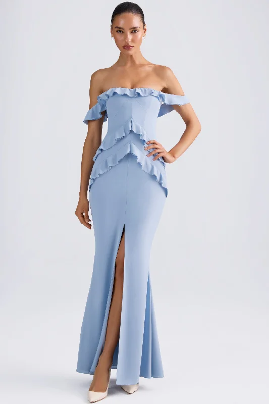 Hottest Discounts of the Year!Off-Shoulder Ruffle-Trim Gown in Light Blue