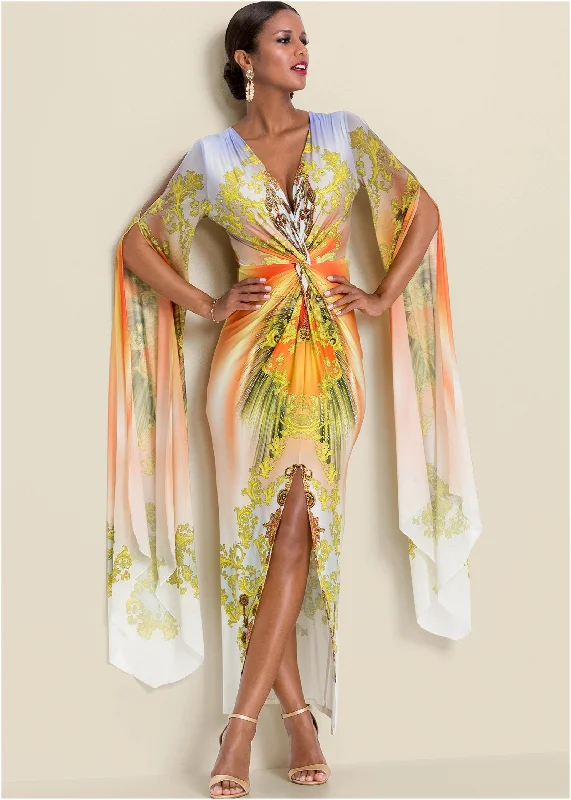 Get More, Spend Less – Shop Now!Exaggerated Sleeve Dress - Yellow Multi