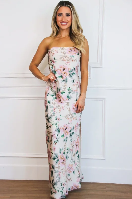 Don't Miss Out!Locklin Strapless Satin Floral Maxi Dress: Pale Pink