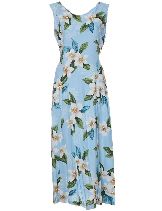 Savings You Can’t Ignore!Long Hawaiian Dress Plumeria Sky Tie-Back