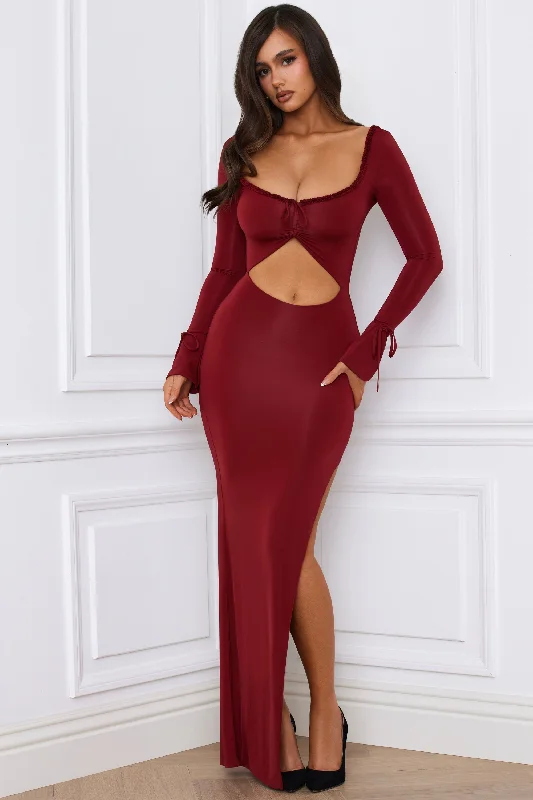 The Best Deals Won’t Wait!Ruffle-Trim Cut-Out Maxi Dress in Berry Red