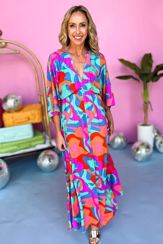 Unlock Huge Savings Now!Mint Abstract Printed V Neck Kimono Sleeve Maxi Dress