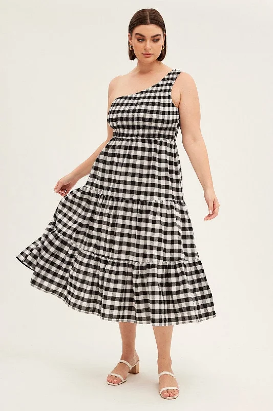 Your Discount is Waiting!Multi Check Midi Dress One Shoulder Shirred Gingham Check