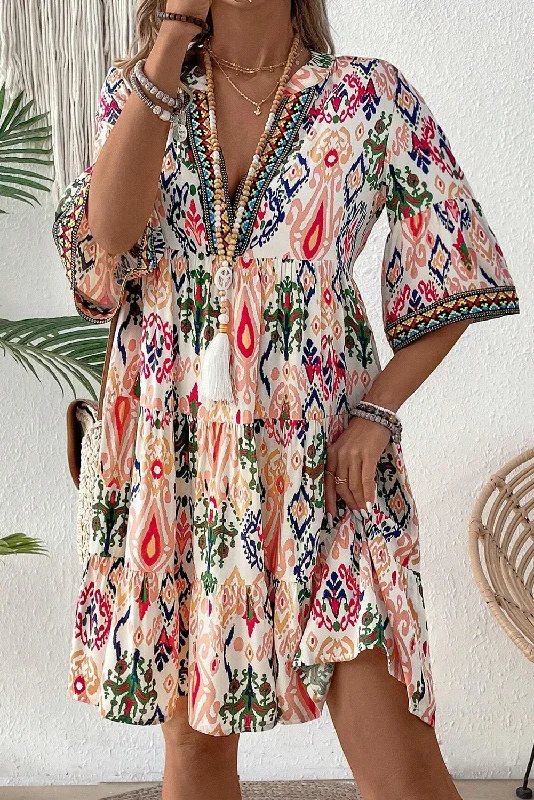Save Up to 50% Off!Boho V-Neck 3/4 Sleeve Mini Dress