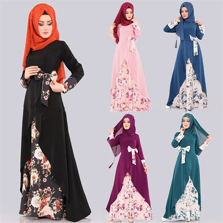 The Best Sale of the Year!Muslim Long Sleeve Basic Model Dress Multi-color Printed Loose Waist Pullover