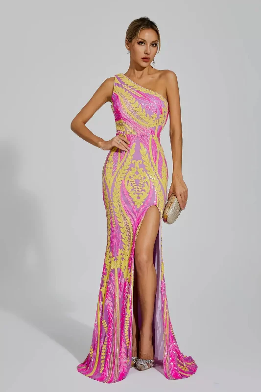 Get Ready to Save!One Shoulder High Split Sequin Dress RJ11466