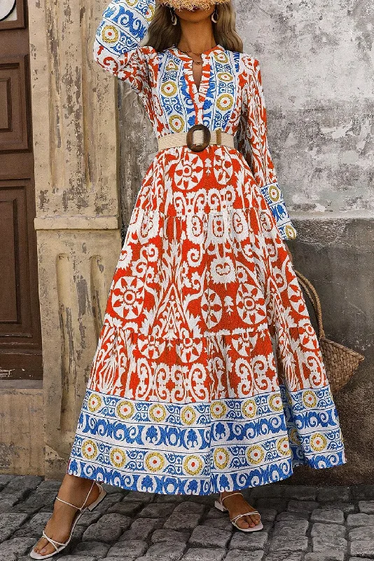 Today’s Deals, Tomorrow’s Regrets!Orange Boho Geometric Printed Long Sleeve Maxi Dress