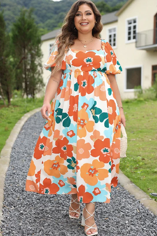 Best Deals Just for You!Orange Plus Size Flower Print Shirred Square Neck Maxi Dress