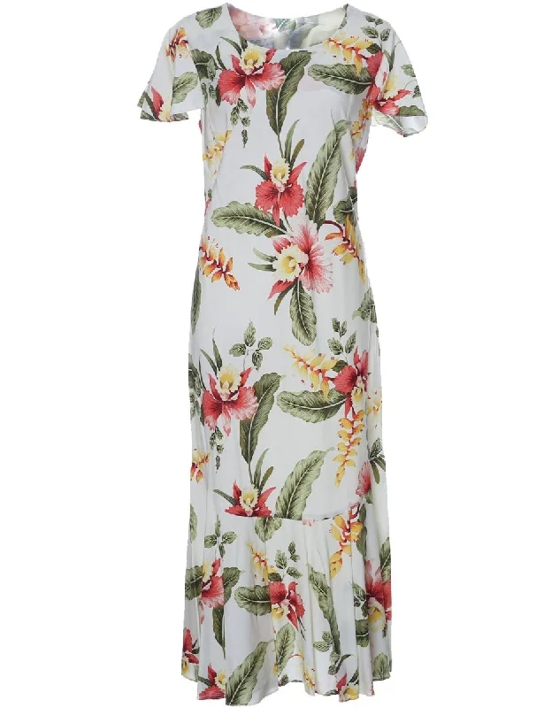 Shop the Hottest Deals!Orchid Pua Maxi Hawaiian Dress Cap Sleeves