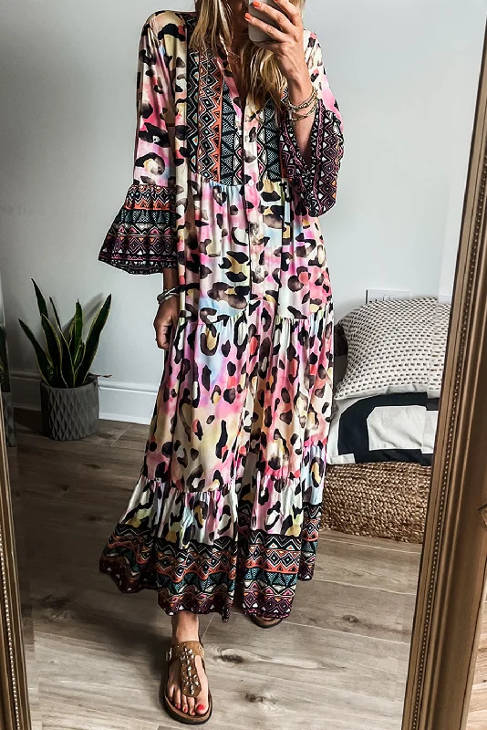 Enjoy Huge Discounts Now!Leopard 3/4 Sleeve Tiered Maxi Dress