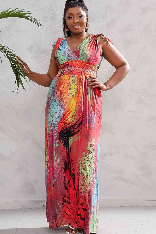 Limited Time Offer!Plus Size Surplice Neck Smocked Waist Maxi Dress