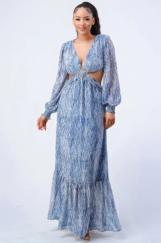 Your Shopping Wish, Our Discount Command!Hot Girl Marseille O-Ring Side Cut Out Ruffled Maxi Dress In Blue