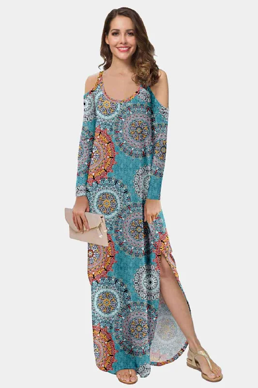 Don’t Wait – Deals Won’t Last!Printed Cold-Shoulder Slit Maxi Dress
