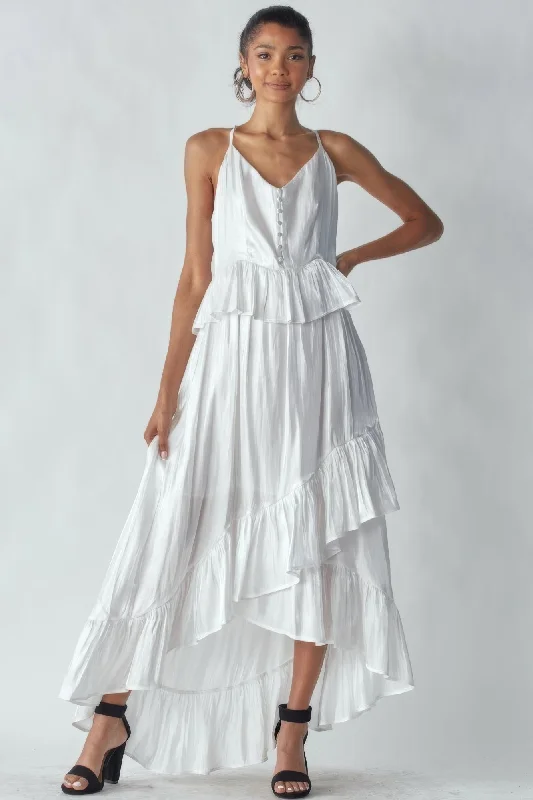 Your Wallet Will Thank You!Hot Girl Shimmer Ruffled Tiered Maxi Dress In White