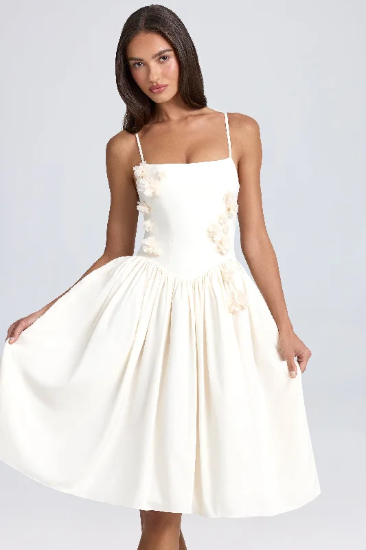 Your Chance to Save is Now!Floral-Appliqué Midi Dress in Ivory