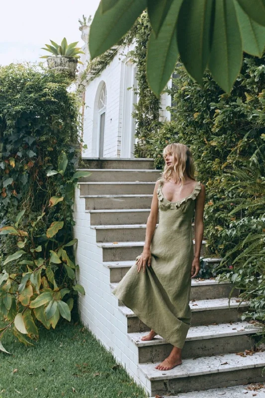 Every Deal is a Steal!Rosalia Linen Bias Cut Maxi Dress Olive