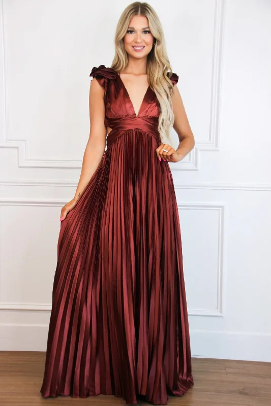 Save More Than Ever!Somewhere With You Pleated Open Back Maxi Dress: Rust