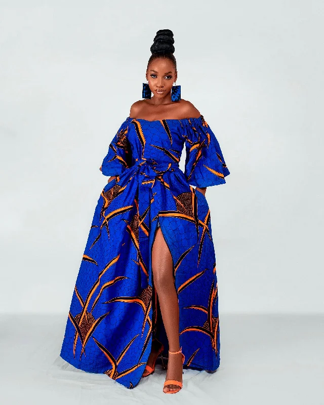 Your Shopping Spree Starts Here!Toni Ankara Off shoulder Maxi Dress | Blue and Orange African Print