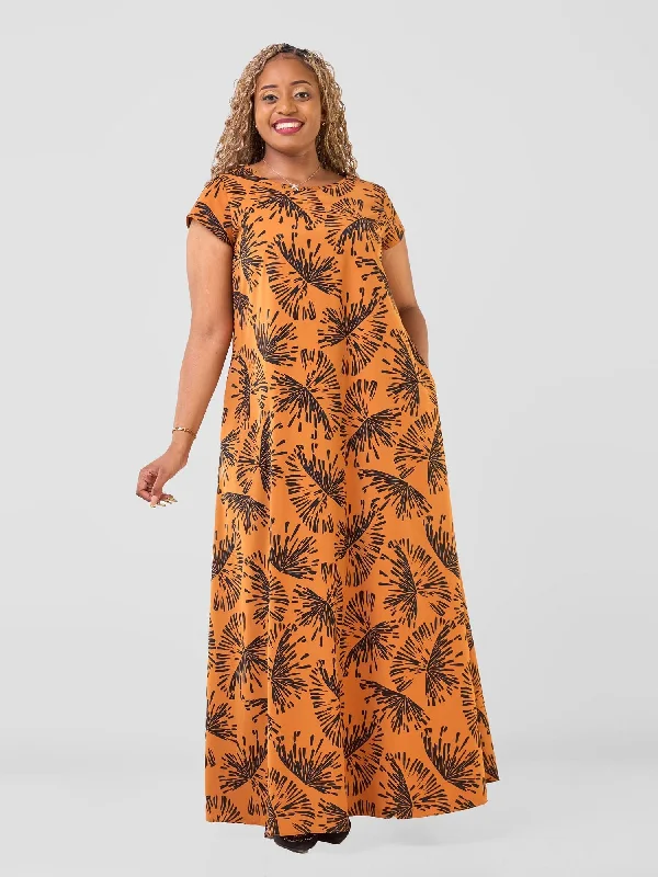 More Discounts, More Joy!Basic Cap Sleeve Maxi Tent Dress - Rust / Black Abeni Print