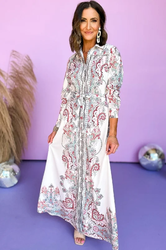 More Discounts, More Joy!White Floral Collared Button Down Maxi Dress