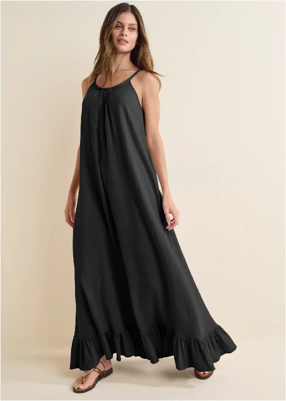 Biggest Sale of the Season!Tie-Back Ruffle Maxi Dress - Black