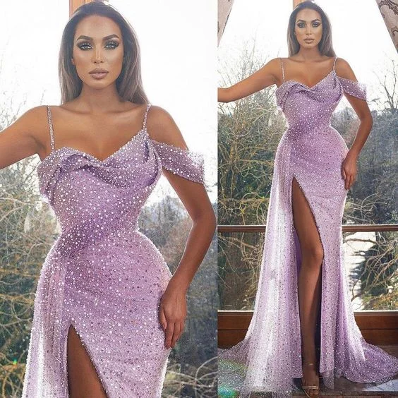 Score Huge Discounts Today!2021 Plus Size Arabic Aso Ebi Lilac High Split Prom Dresses Spaghetti Sexy Sequined Evening Formal Gowns        cg24453