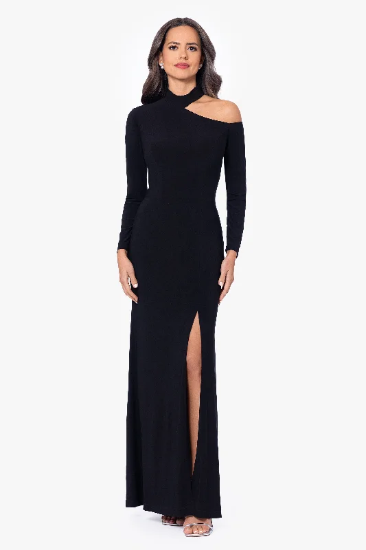 Limited-Time Price Drop!Petite "Aletta" Jersey Knit Long Sleeve One Shoulder Cut Out Long Dress