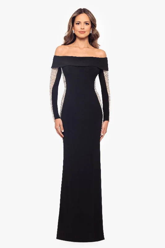 Limited Stock Available!"Jade" Long Off the Should Jersey Knit Caviar Beaded Dress