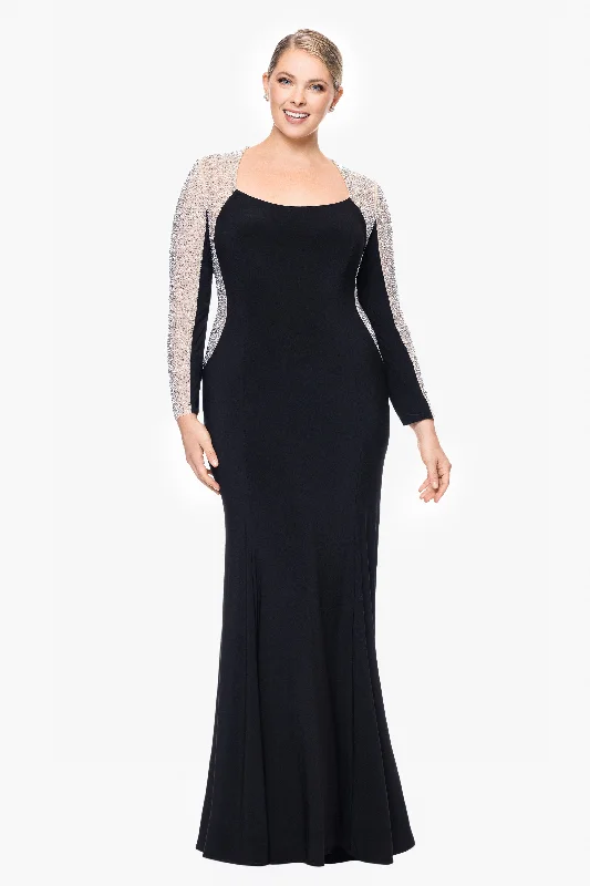 Your Favorite Sale is Back!Plus "Justina" Long Jersey Knit Caviar Beaded Long Sleeve Scoop Neck Dress