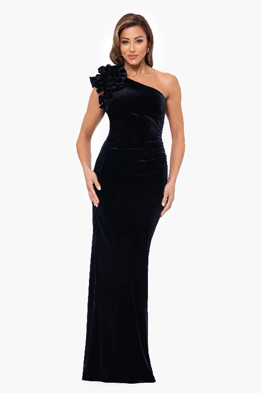 Save More with Every Purchase!"Connie" Long One Shoulder Ruffle Velvet Dress