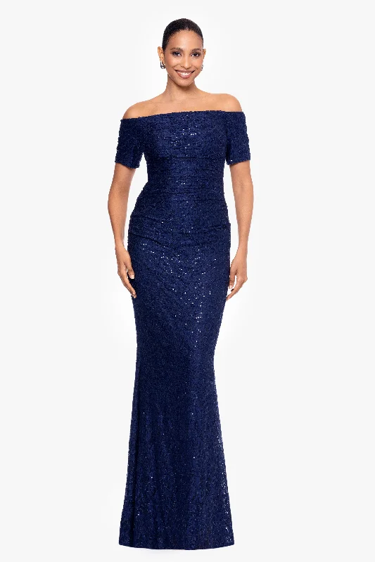 Get Ready to Save!"Ara" Long Sequin Lace Off the Shoulder 3/4 Sleeve