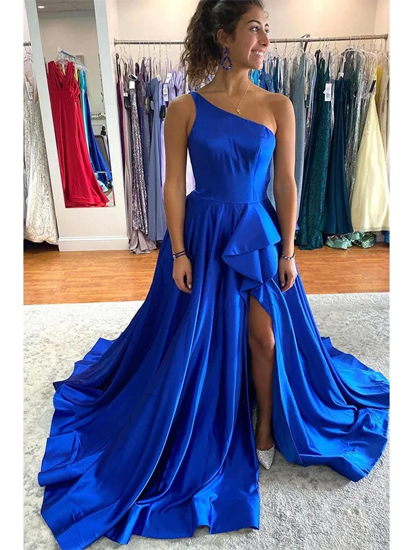 Huge Savings – Act Now!A-line Royal Blue One Shoulder Satin Popular Evening Formal Long Prom Dresses PD1395