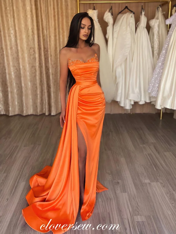 Hottest Discounts of the Year!Beaded Neckline Strapless Orange Satin Sheath With Side Slit Prom Dresses, CP0927
