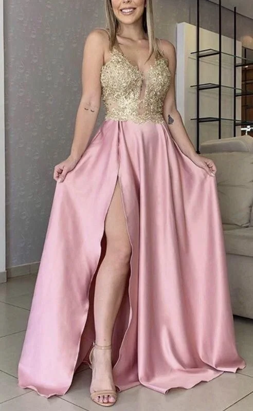Get More, Spend Less – Shop Now!beautiful gold lace prom dresses satin split        cg24780
