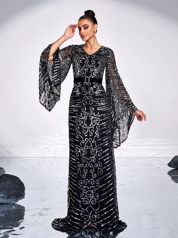 Shop More, Spend Less!Bell Sleeves Belted Waist Sequin Evening Dress DH80211