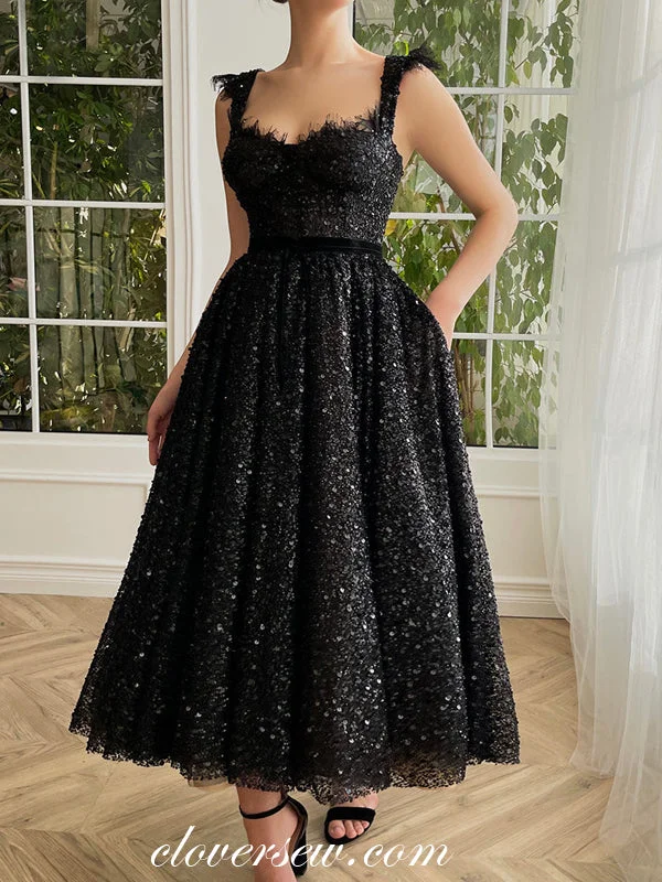 Enjoy Huge Discounts Now!Black Beaded Sequin Lace Sleeveless A-line Ankle Length Prom Dresses,CP0924
