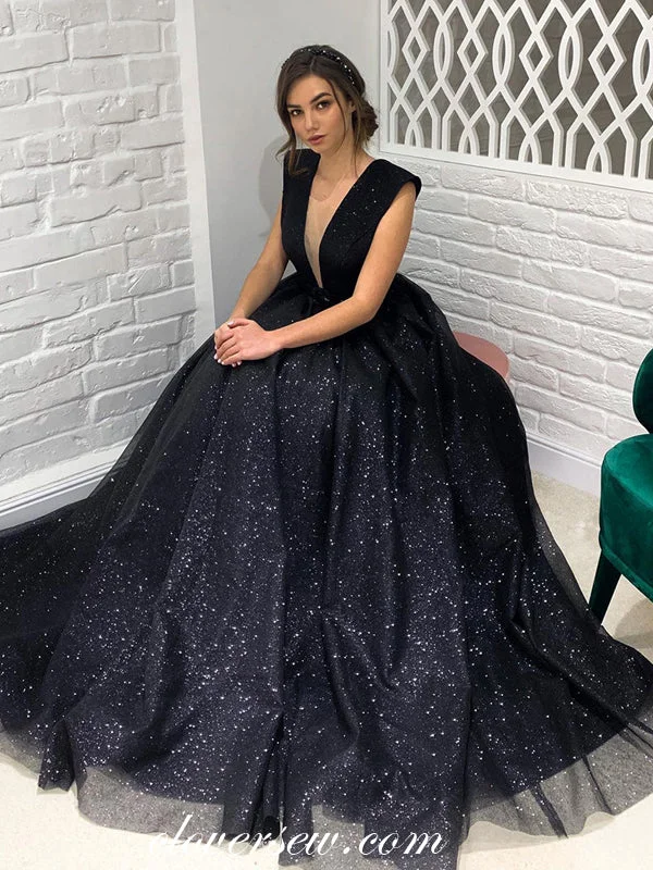 Shop Now and Save!Black Beaded Sequin Tulle Deep V-neck Sleeveless Long Prom Dresses, CP0925