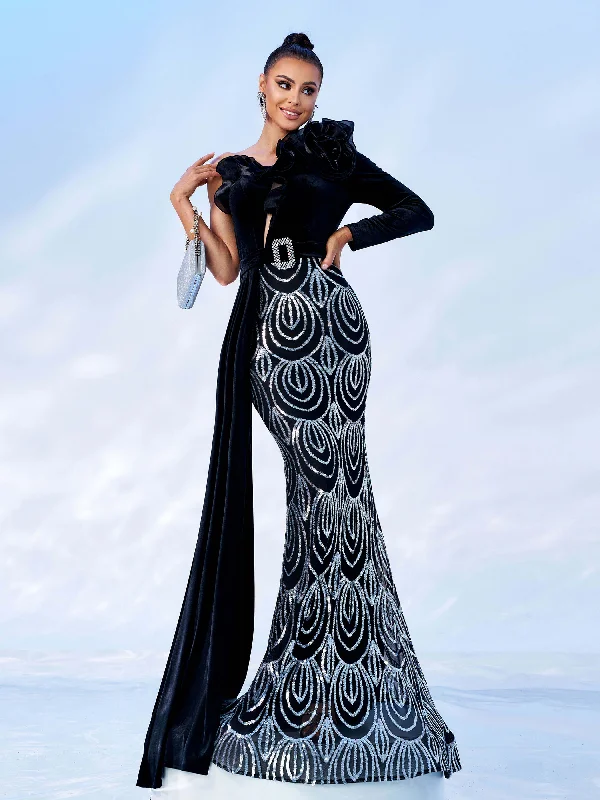 Lowest Prices Guaranteed!Black Floral Mermaid Draped Sequin Dress DH80172