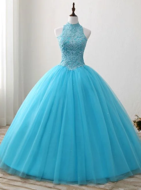 Best Deals Just for You!Blue Rulle Lace Appliques High Neck Backless Sweet 15 Dress Prom Dress      cg24353
